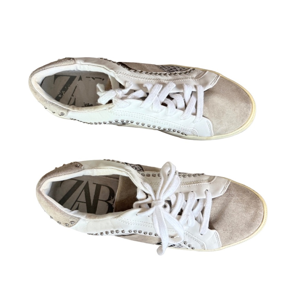 Zara Studded Snake Print Sneakers Neutral Leather EU 40 US 9 - Picture 5 of 9